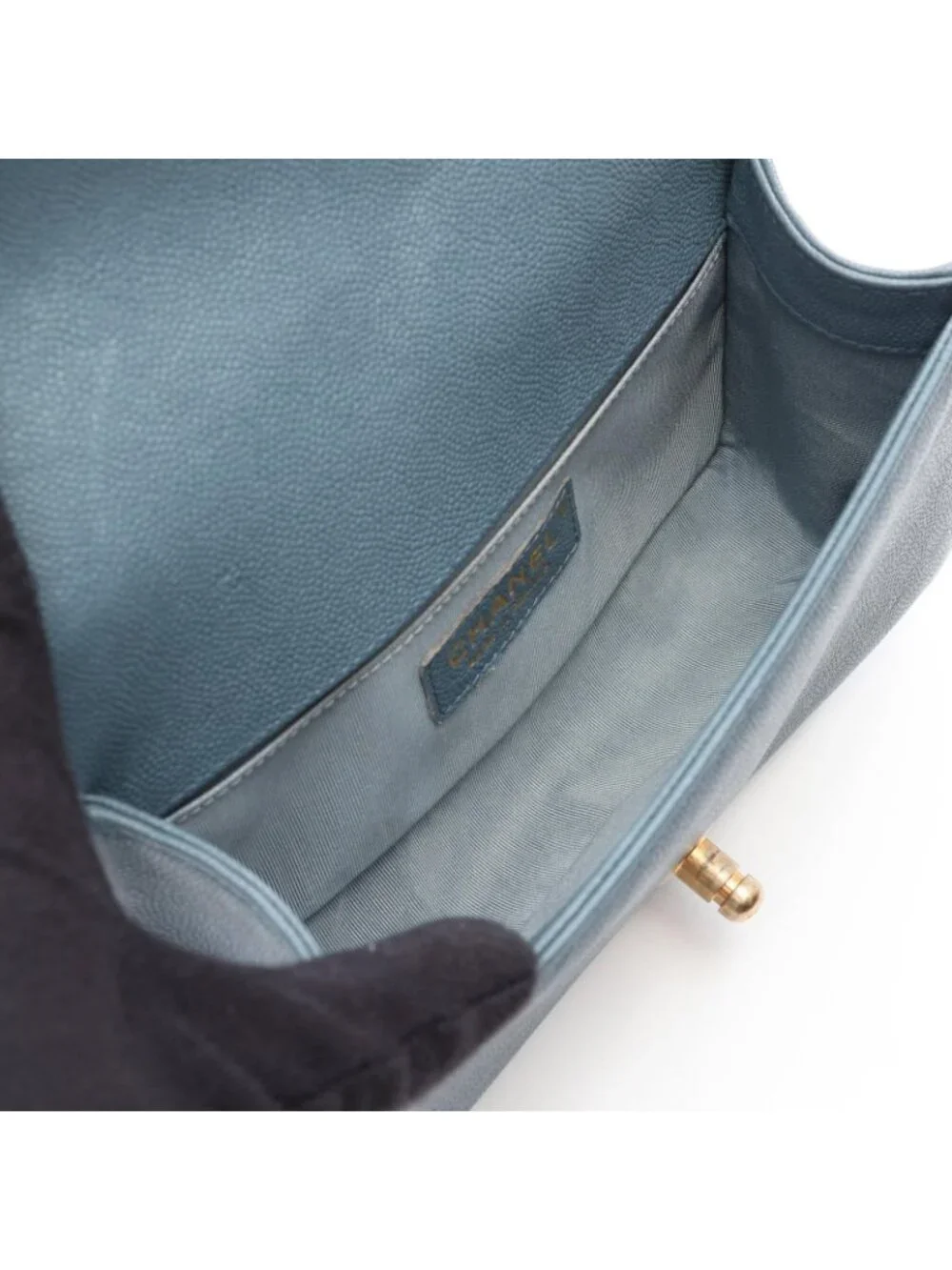 Chanel Shoulder Bag Boy Small Blue Gray Caviar Leather Chain